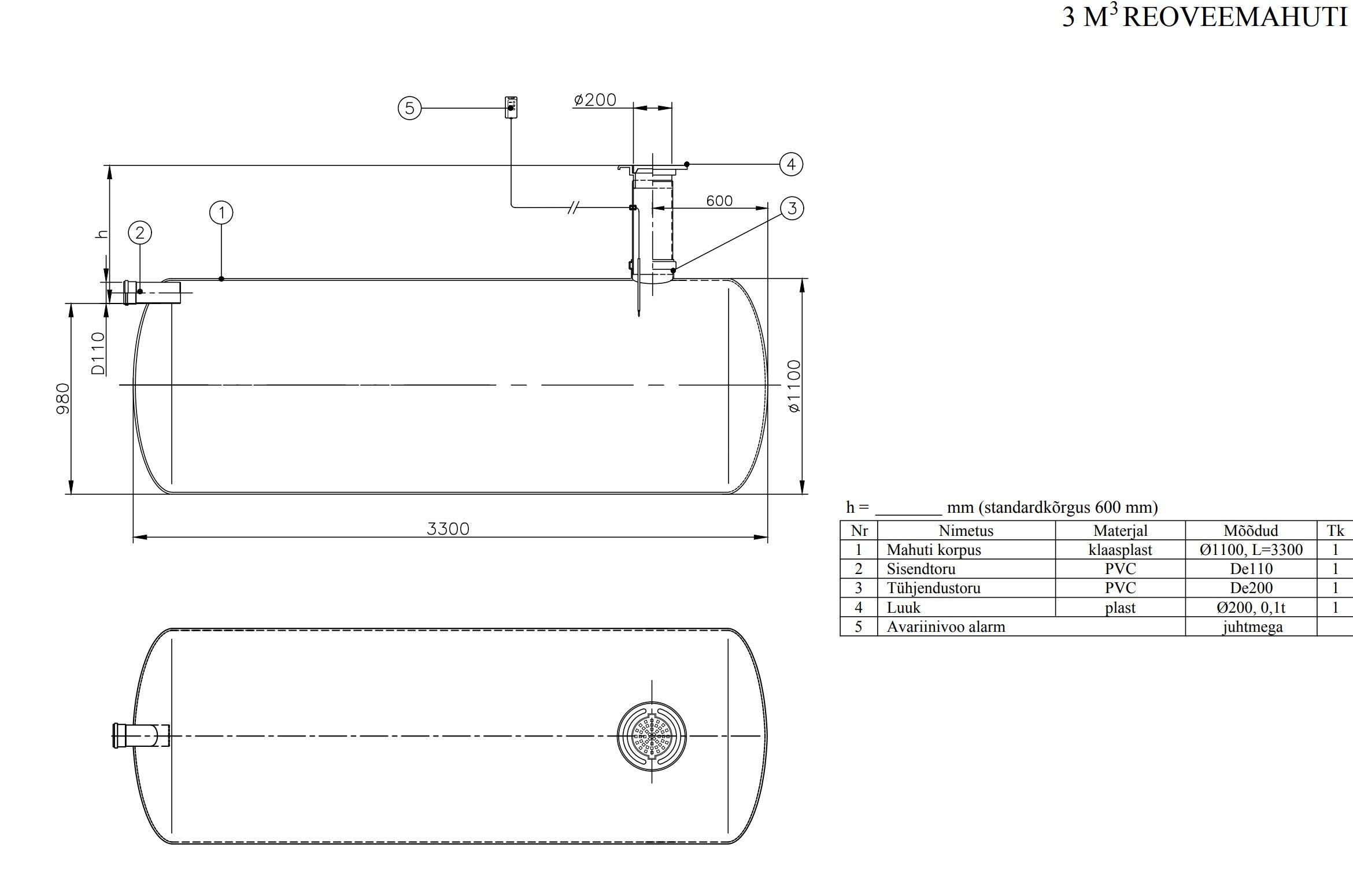 Kogumismahuti 3m³ (∅1100, L = 3300mm)